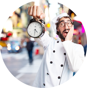 Worried cook is holding a watch